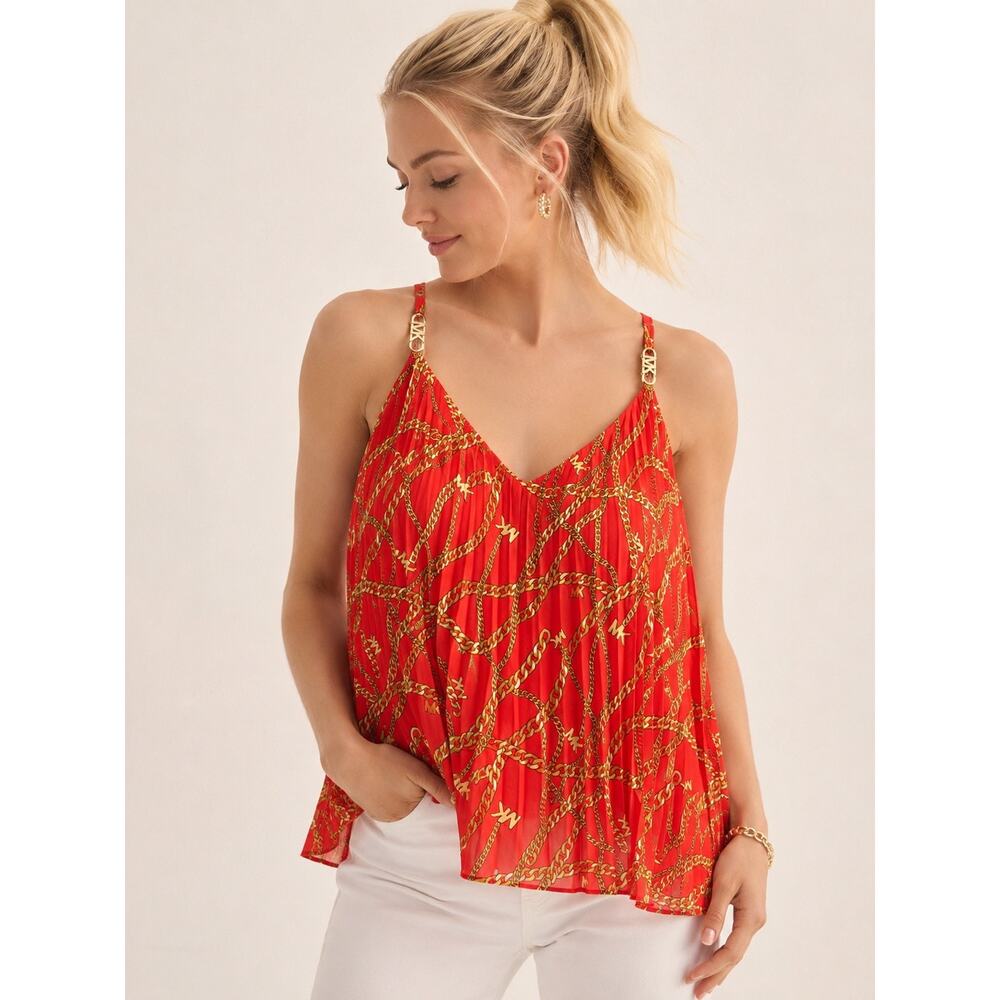 Michael Kors Chain Print Pleated Swing Cami Tank Top Orange Gold L